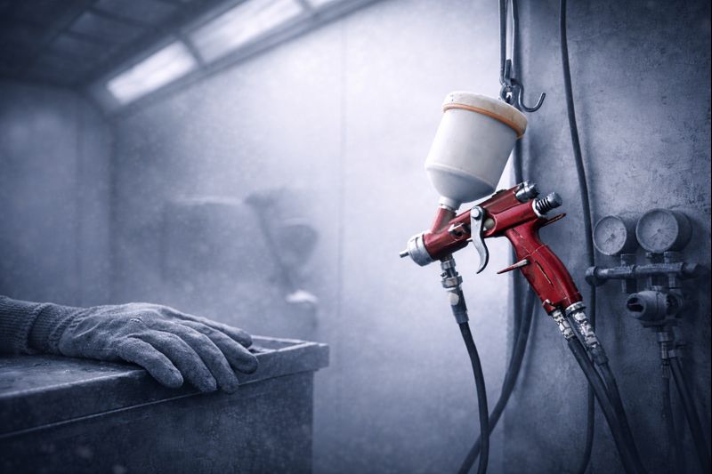 Spuitpistool in werkplaats bij lage temperaturen, gebruikt voor professioneel spuitwerk in winterse omstandigheden.